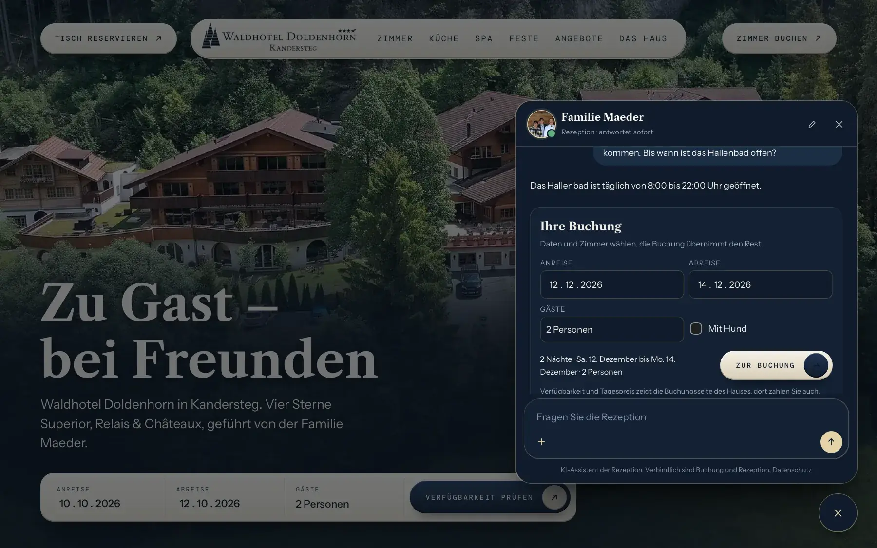 Die Website des Waldhotel Doldenhorn mit offener Rezeption: Antwort und Buchungsmaske im Gespräch