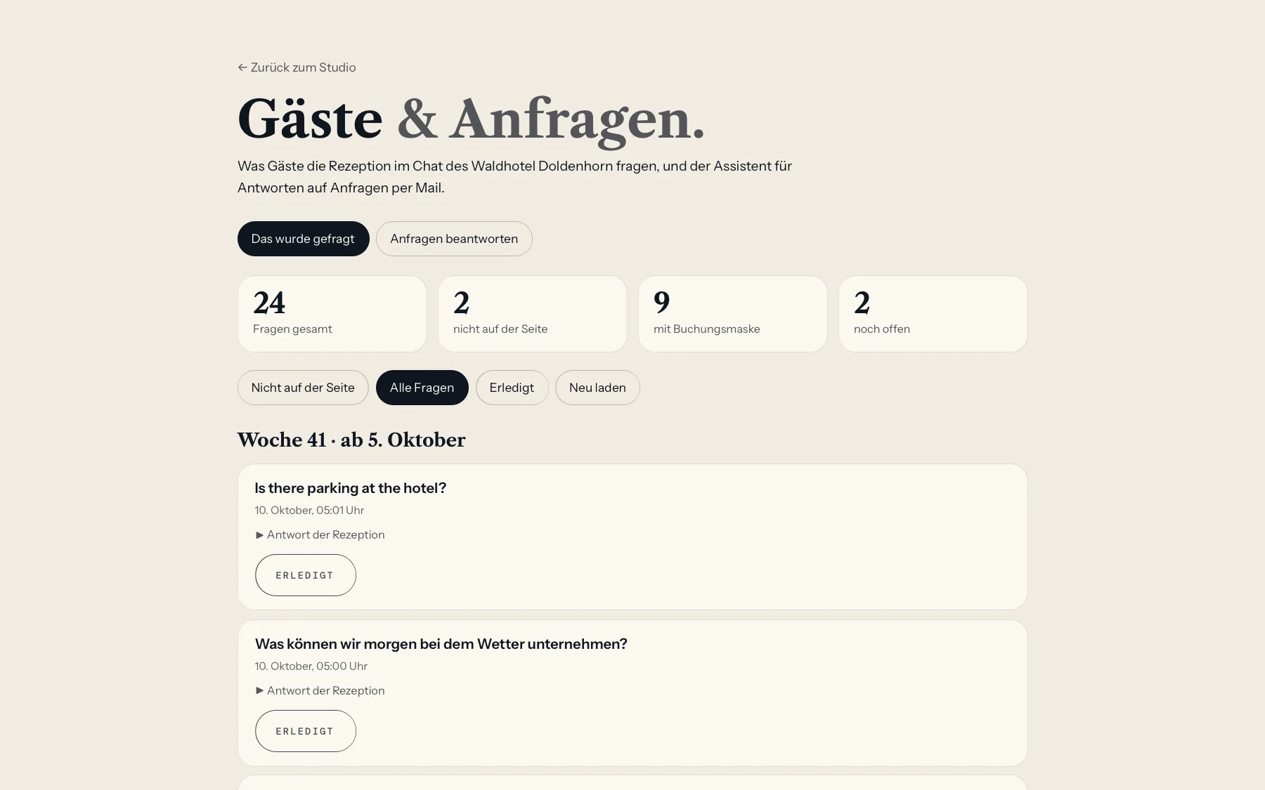 Studio des Waldhotel Doldenhorn, Seite «Gäste & Anfragen» mit den Fragen der Woche