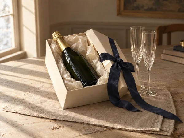 Eine Flasche Champagner in Geschenkpackung mit zwei Gläsern