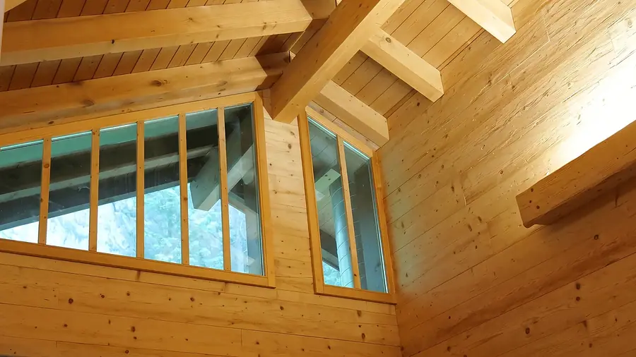 Fenster unter dem Dach, draussen der Wald