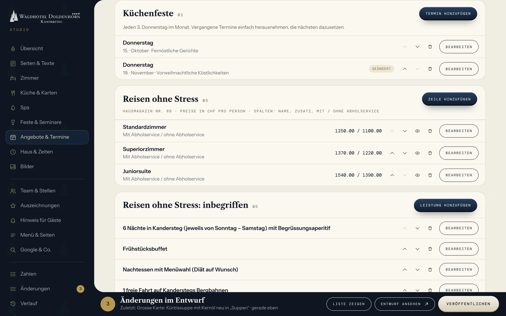 Das Studio, Bereich Angebote & Termine