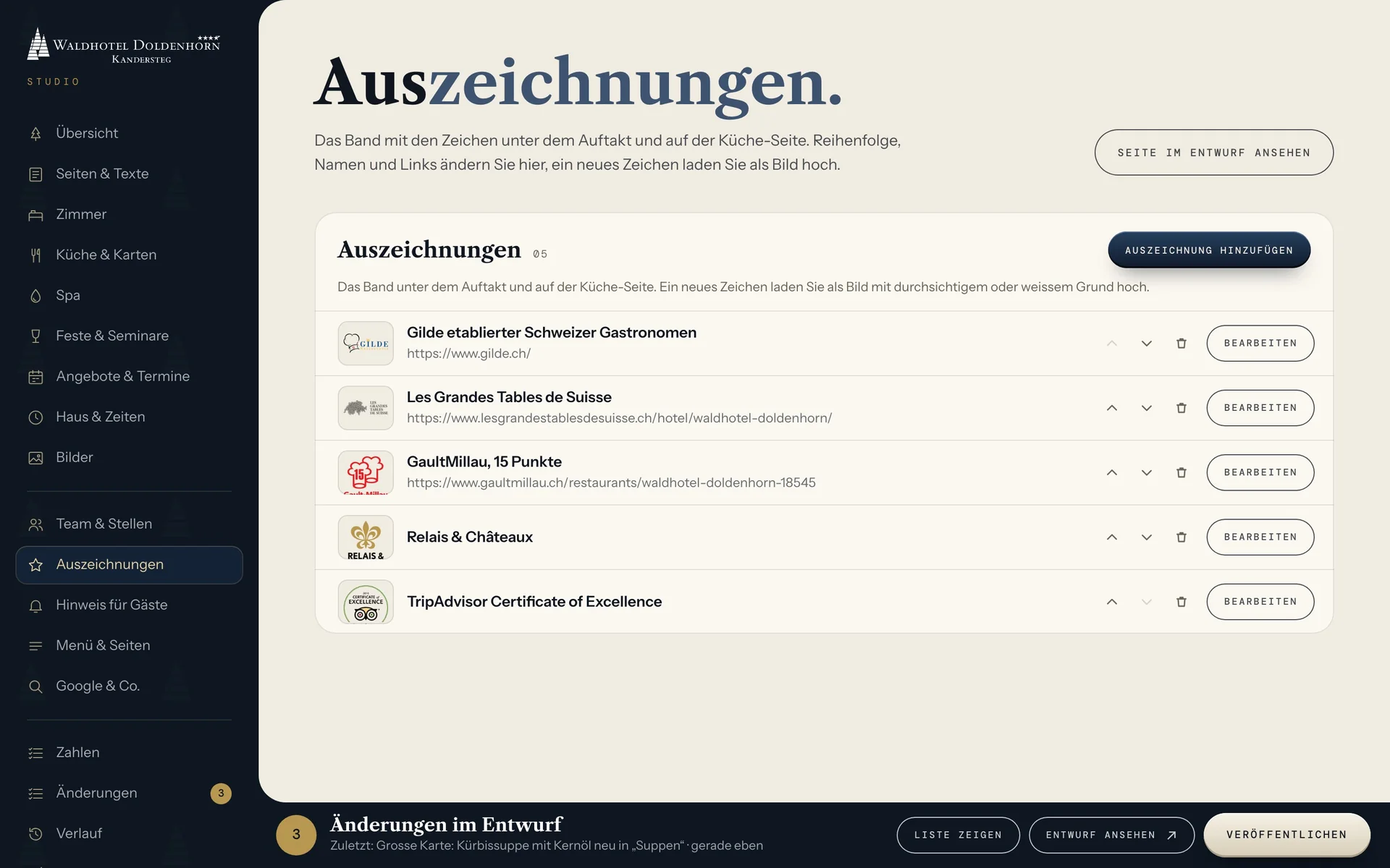 Das Studio, Bereich Auszeichnungen