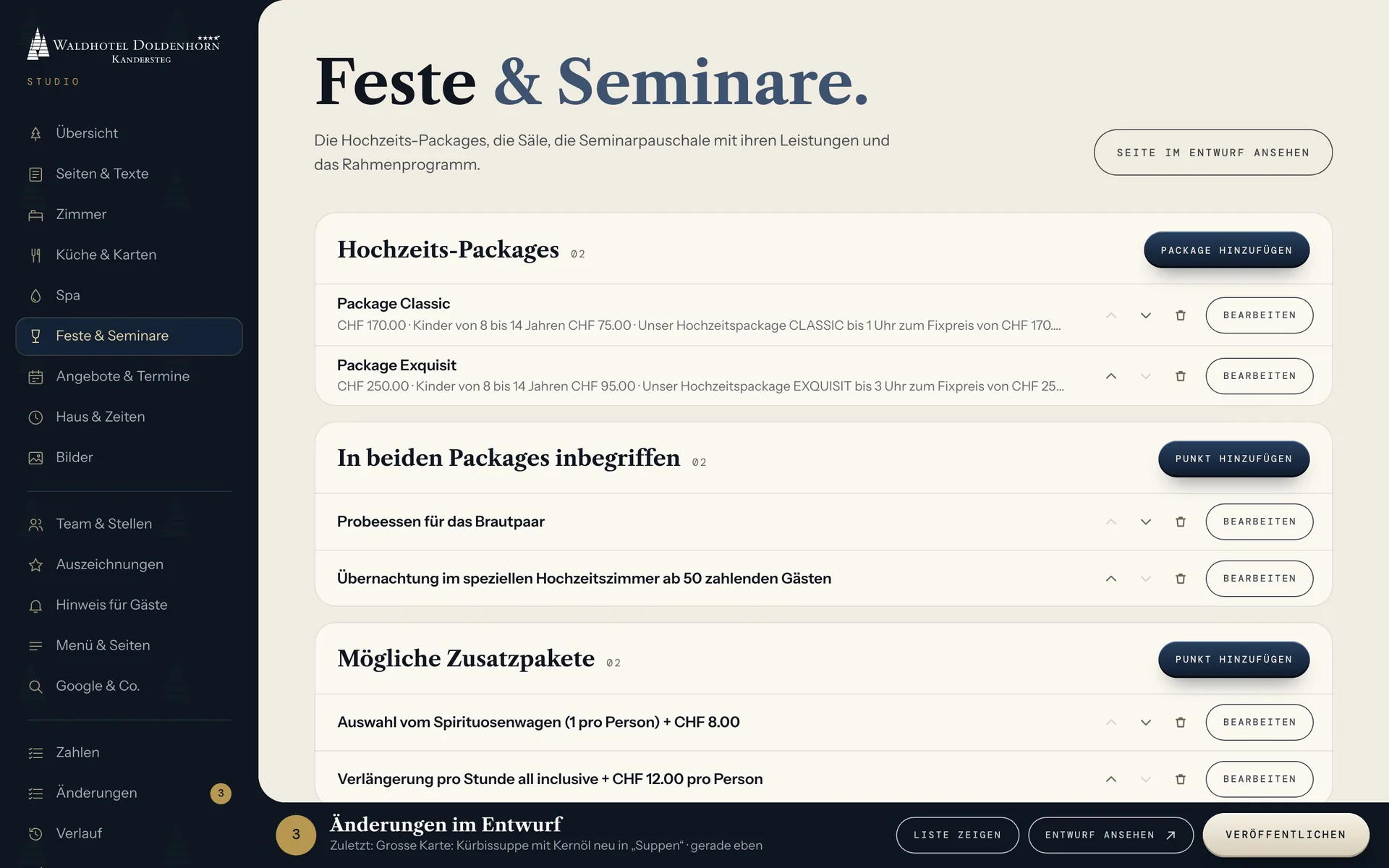 Das Studio, Bereich Feste & Seminare