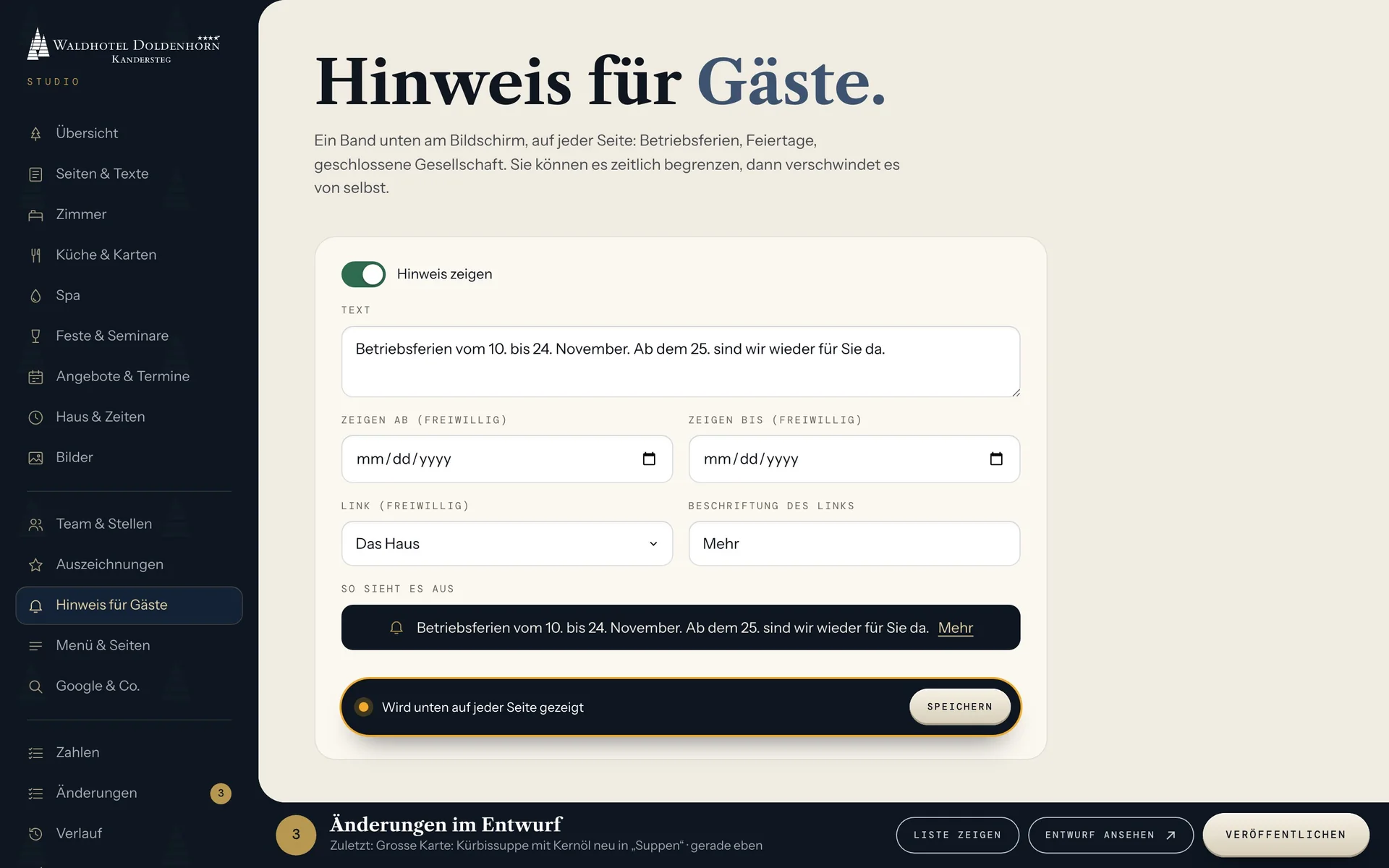 Das Studio, Bereich Hinweis für Gäste