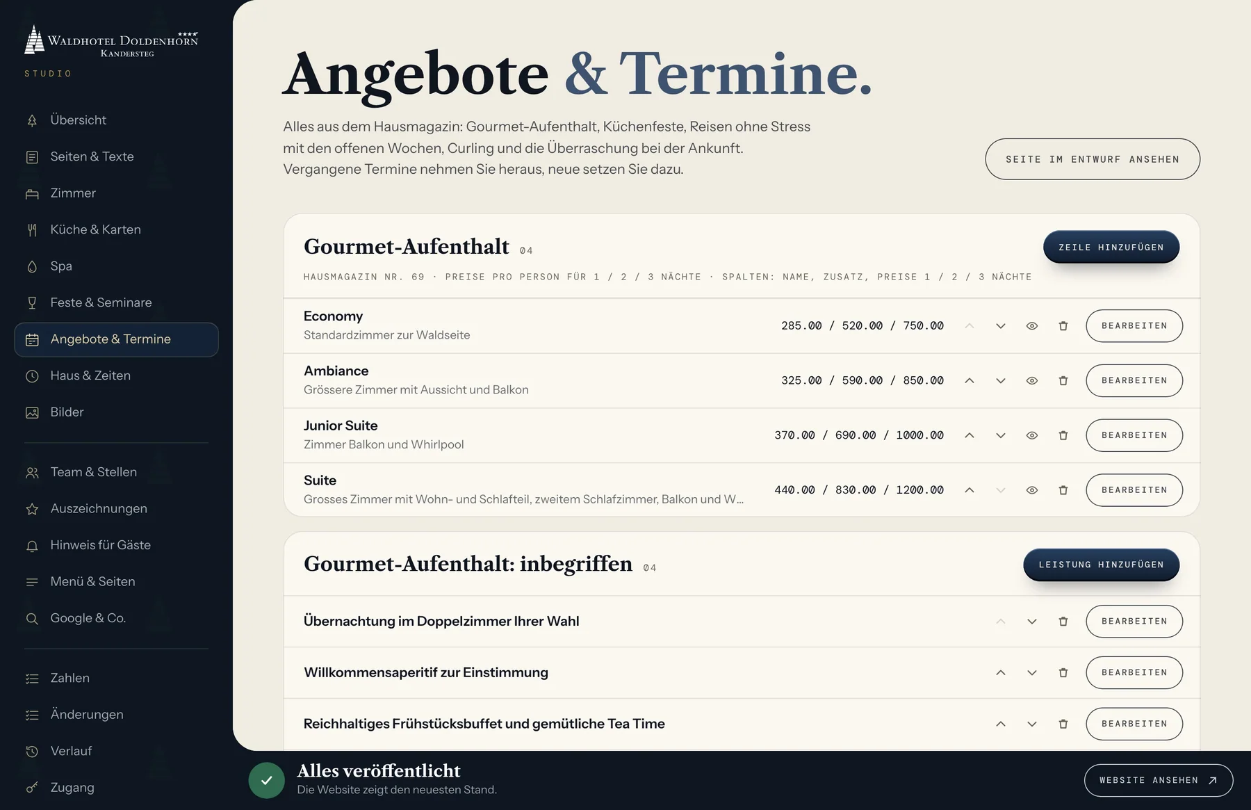 Das Studio, Bereich Angebote & Termine