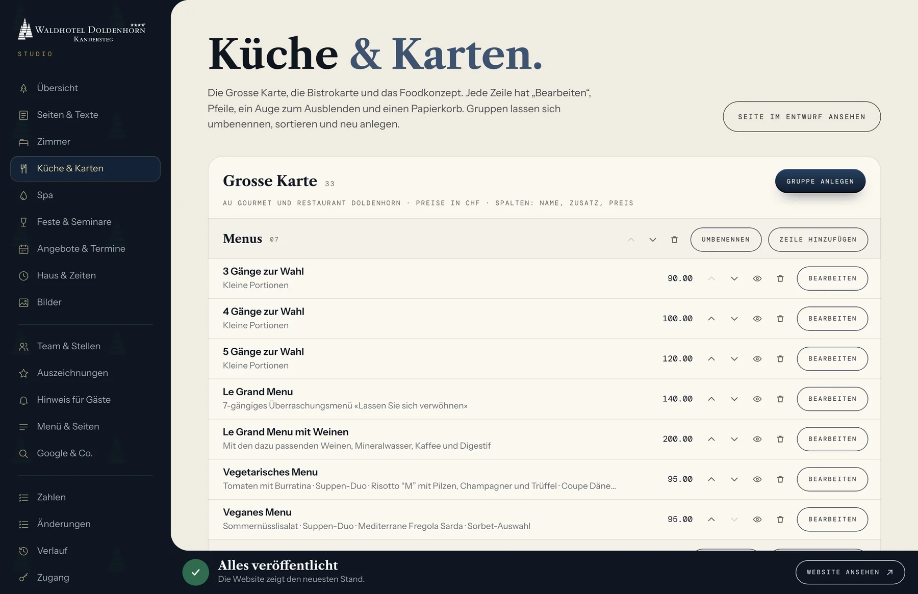 Das Studio, Bereich Küche & Karten
