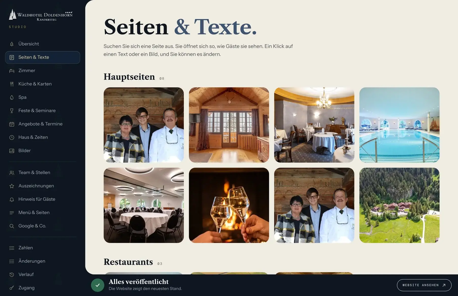 Das Studio, Bereich Seiten & Texte