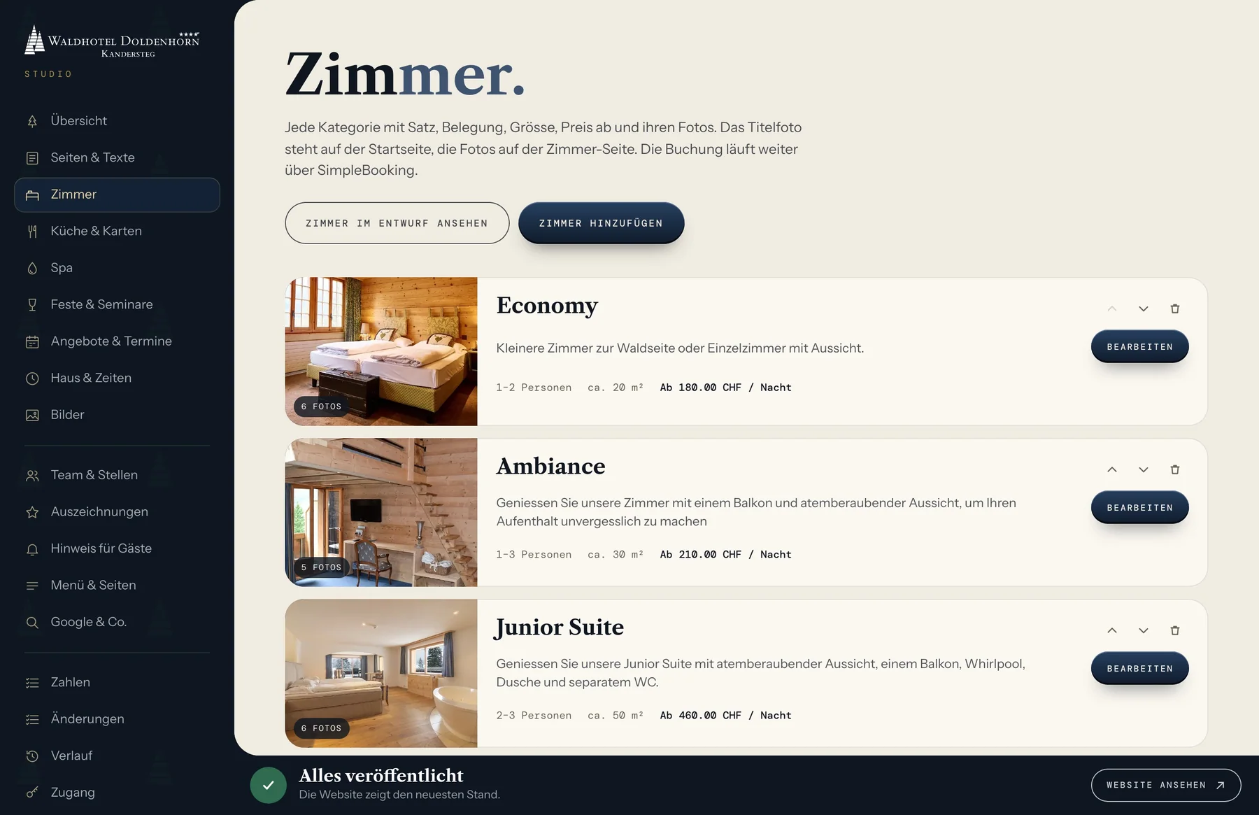 Das Studio, Bereich Zimmer