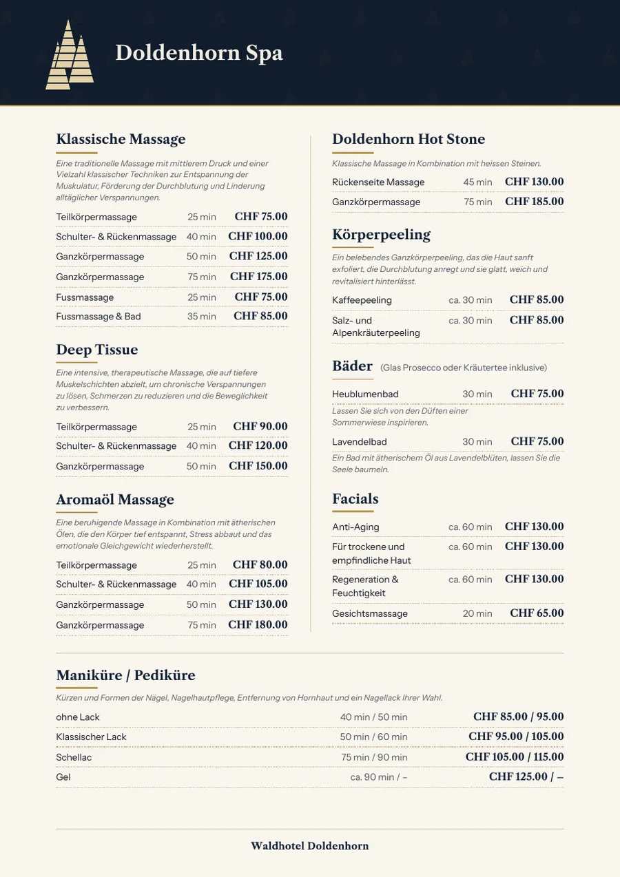 Idee: Massage-Menü